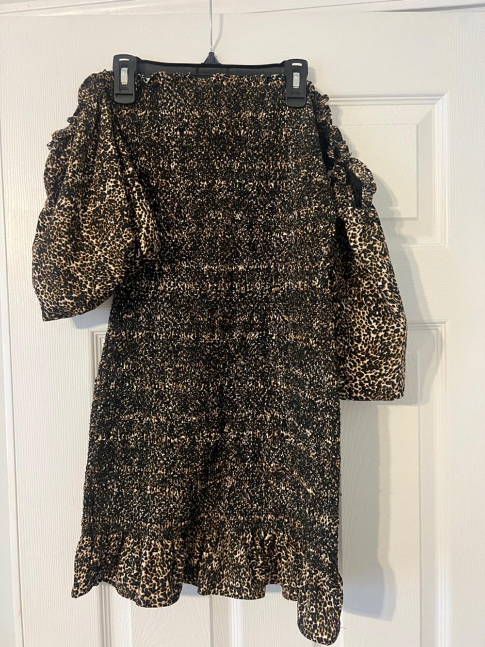 Topshop Leopard Print Off-Shoulder Smocked Mini Dress - Black & Brown